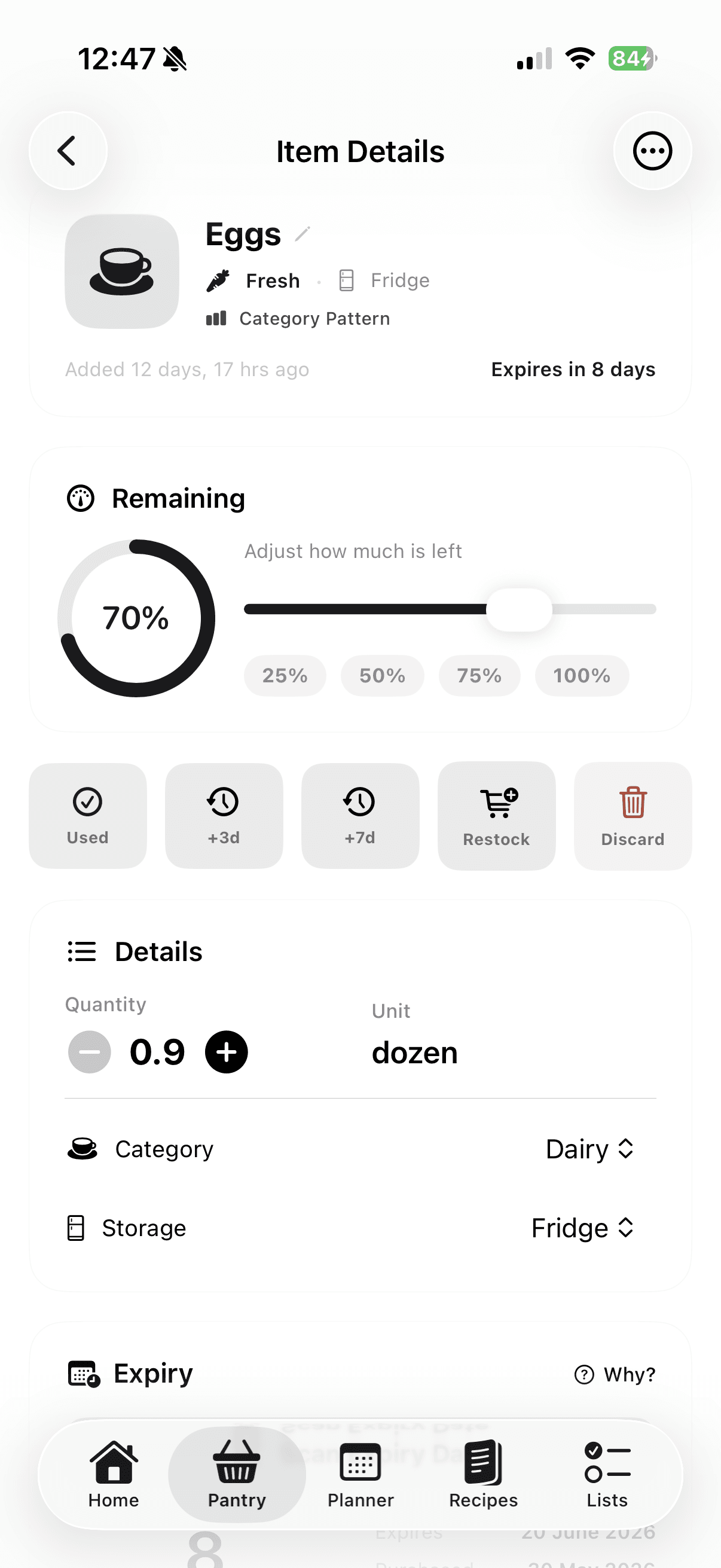Salare pantry item details screen