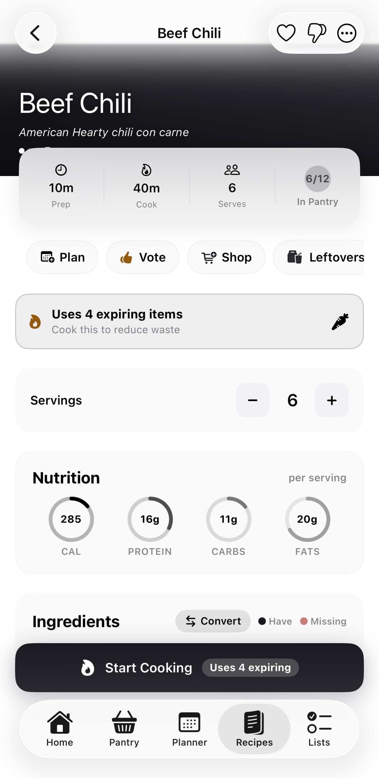 Salare recipe screen — Beef Chili